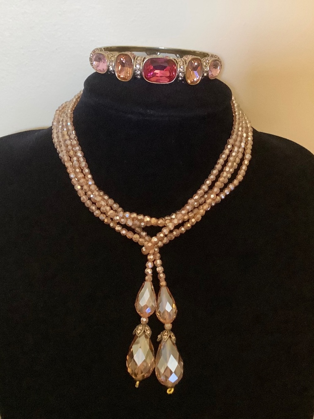 Heidi Daus Crystal Beaded Lariat Necklace With Bangle Bracelet Rose Pink OS